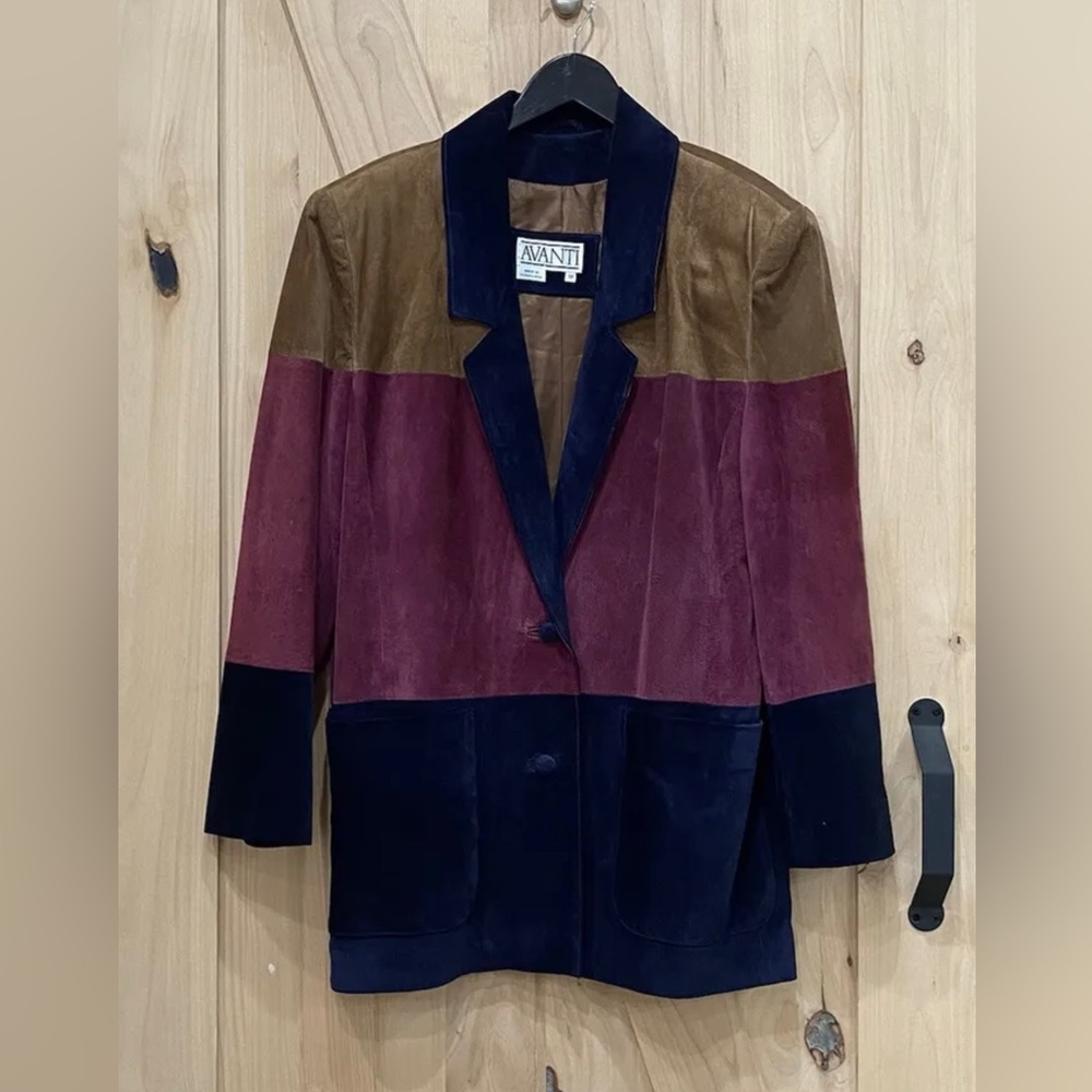 Vintage 80s Avanti Suede Leather Color Block Jacket Blazer Women M